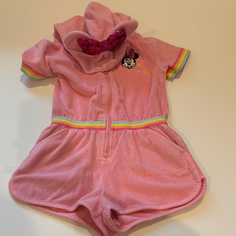 Disney Pink Minnie Mouse Hooded One-Piece Romper with Rainbow Trim